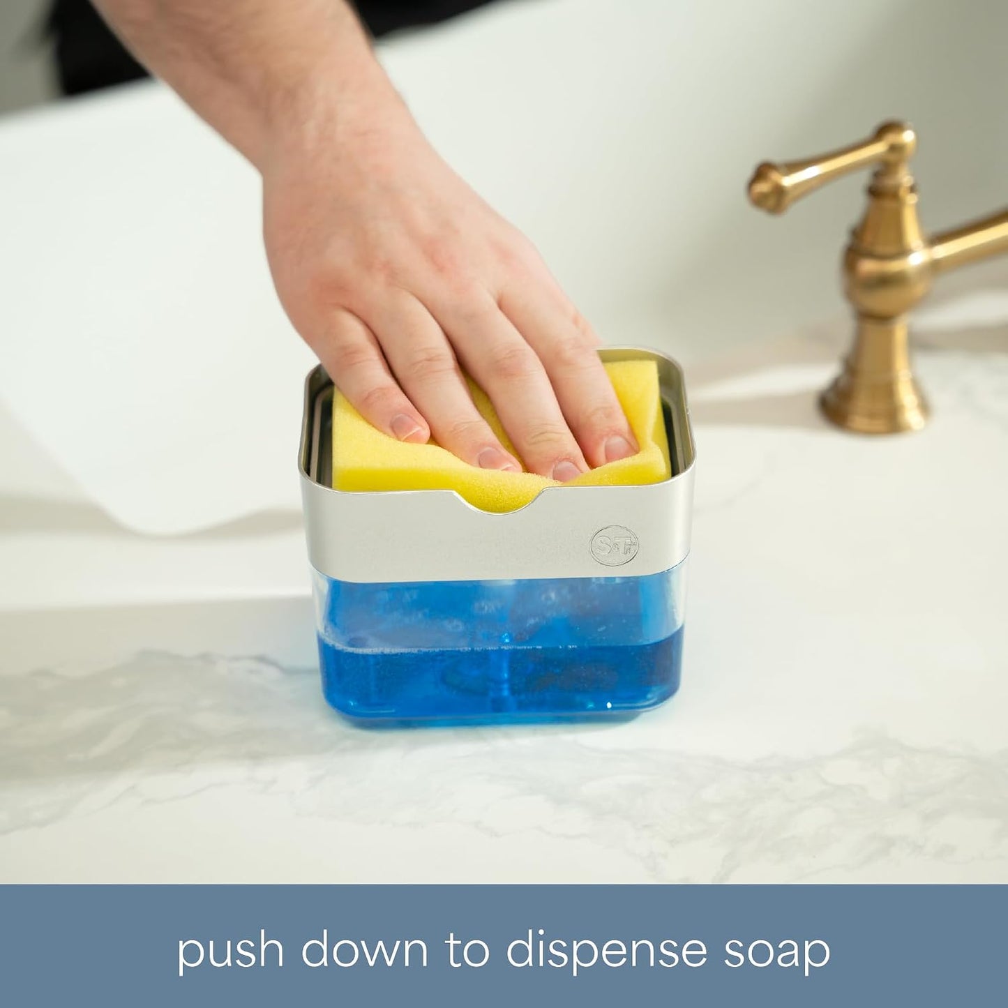 . Dish Soap Dispenser and Sponge Holder, Metallic Silver | Holds 13 Fluid Ounces, Sponge Included, Anti-Slid Feet, Push to Dispense Perfect Amount of Dish Soap