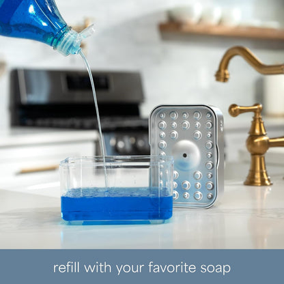 . Dish Soap Dispenser and Sponge Holder, Metallic Silver | Holds 13 Fluid Ounces, Sponge Included, Anti-Slid Feet, Push to Dispense Perfect Amount of Dish Soap