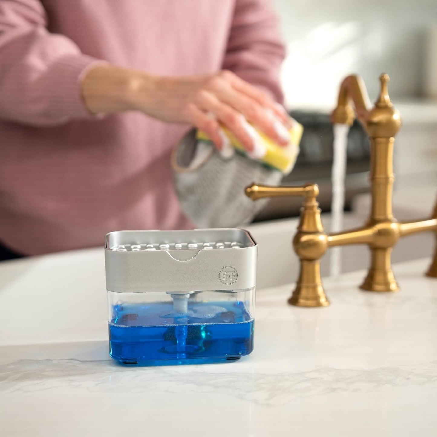 . Dish Soap Dispenser and Sponge Holder, Metallic Silver | Holds 13 Fluid Ounces, Sponge Included, Anti-Slid Feet, Push to Dispense Perfect Amount of Dish Soap