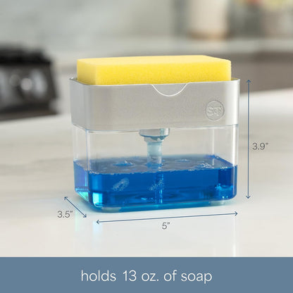 . Dish Soap Dispenser and Sponge Holder, Metallic Silver | Holds 13 Fluid Ounces, Sponge Included, Anti-Slid Feet, Push to Dispense Perfect Amount of Dish Soap