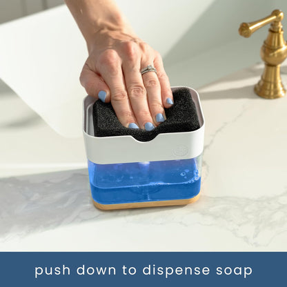 . Dish Soap Dispenser and Sponge Holder, Metallic Silver | Holds 13 Fluid Ounces, Sponge Included, Anti-Slid Feet, Push to Dispense Perfect Amount of Dish Soap