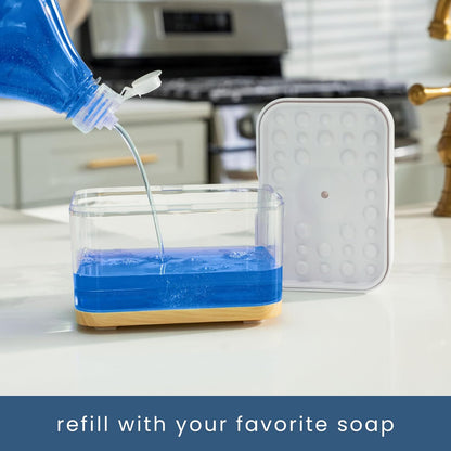 . Dish Soap Dispenser and Sponge Holder, Metallic Silver | Holds 13 Fluid Ounces, Sponge Included, Anti-Slid Feet, Push to Dispense Perfect Amount of Dish Soap