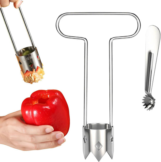 Red Bell Pepper Seed Corer - Fruit Vegetable Stem Remover for Pepper Pineapple Pear Apple Tomato, 304 Stainless Steel Rust Resistant, Easy to Use & Clean Kitchen Gadgets Tool (1 Set)