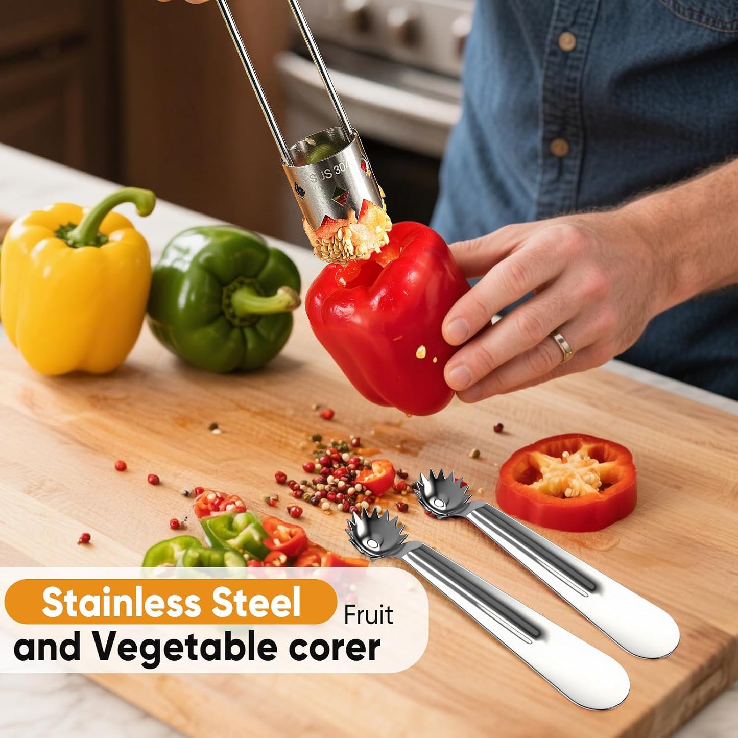 Red Bell Pepper Seed Corer - Fruit Vegetable Stem Remover for Pepper Pineapple Pear Apple Tomato, 304 Stainless Steel Rust Resistant, Easy to Use & Clean Kitchen Gadgets Tool (1 Set)