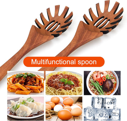 Wooden Spaghetti Spoon Server Pasta Fork Tongs Pasta Spoon Ladle with Teeth | 12.5 Inch Teak Wood Pasta Strainer Utensil Spaghetti Scoop Pasta Spatula Kitchen Tool Noodle Spoon Pasta Drainer Gifts