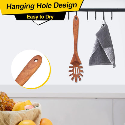Wooden Spaghetti Spoon Server Pasta Fork Tongs Pasta Spoon Ladle with Teeth | 12.5 Inch Teak Wood Pasta Strainer Utensil Spaghetti Scoop Pasta Spatula Kitchen Tool Noodle Spoon Pasta Drainer Gifts