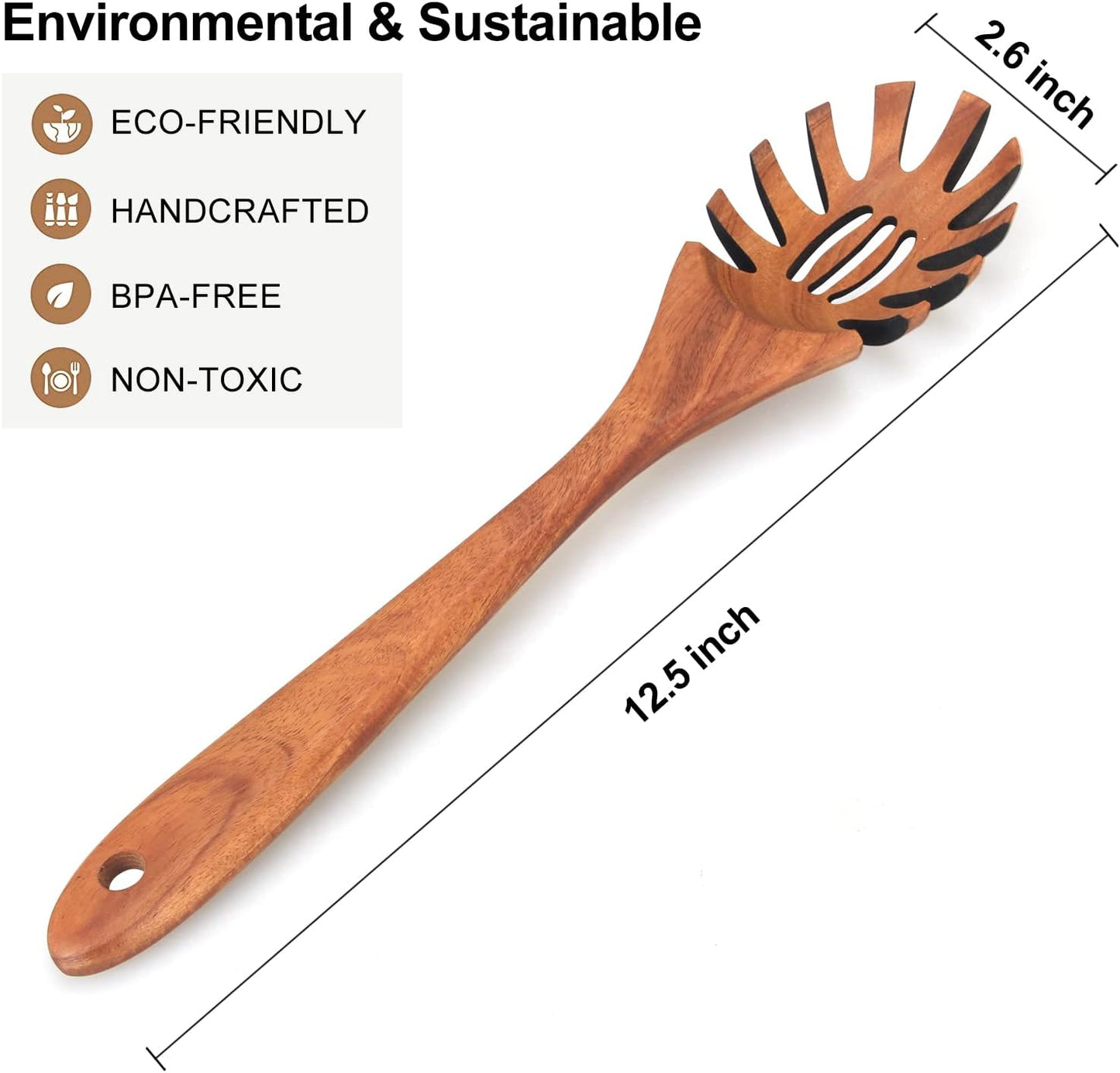 Wooden Spaghetti Spoon Server Pasta Fork Tongs Pasta Spoon Ladle with Teeth | 12.5 Inch Teak Wood Pasta Strainer Utensil Spaghetti Scoop Pasta Spatula Kitchen Tool Noodle Spoon Pasta Drainer Gifts
