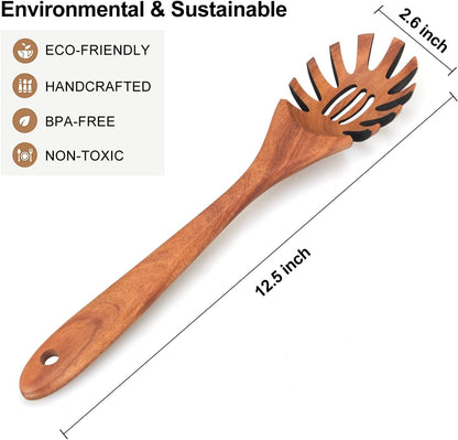 Wooden Spaghetti Spoon Server Pasta Fork Tongs Pasta Spoon Ladle with Teeth | 12.5 Inch Teak Wood Pasta Strainer Utensil Spaghetti Scoop Pasta Spatula Kitchen Tool Noodle Spoon Pasta Drainer Gifts