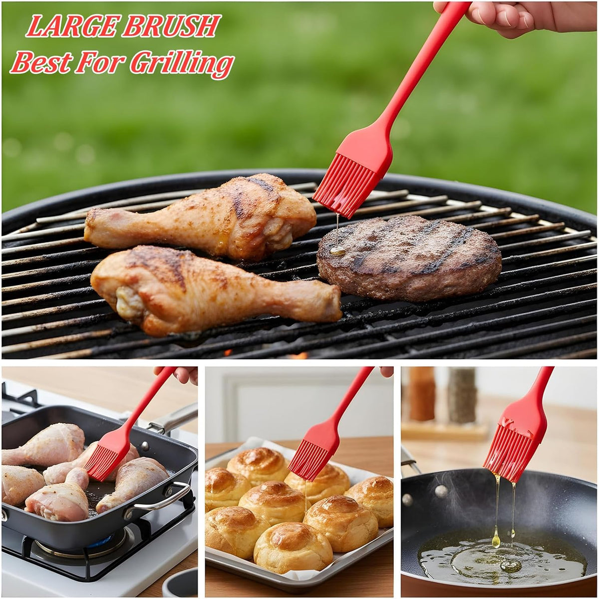 2 PCS Basting Brush, 2 Sizes Silicone Heat Resistant BBQ Brushes for Sauce Reusable Red Silicone Pastry Brush for Kitchen Cooking Sauce Butter BBQ Marinade Grill Supplies