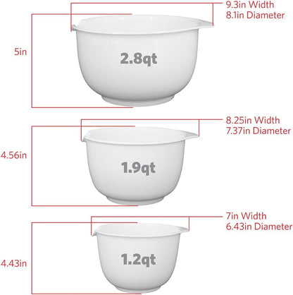 Glad Mixing Bowls with Pour Spout, Set of 3 | Nesting Design Saves Space | Non-Slip, BPA Free, Dishwasher Safe Plastic | Kitchen Cooking and Baking Supplies, White