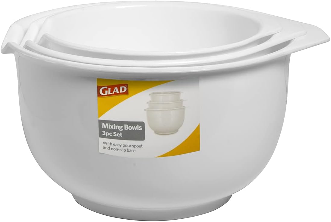 Glad Mixing Bowls with Pour Spout, Set of 3 | Nesting Design Saves Space | Non-Slip, BPA Free, Dishwasher Safe Plastic | Kitchen Cooking and Baking Supplies, White