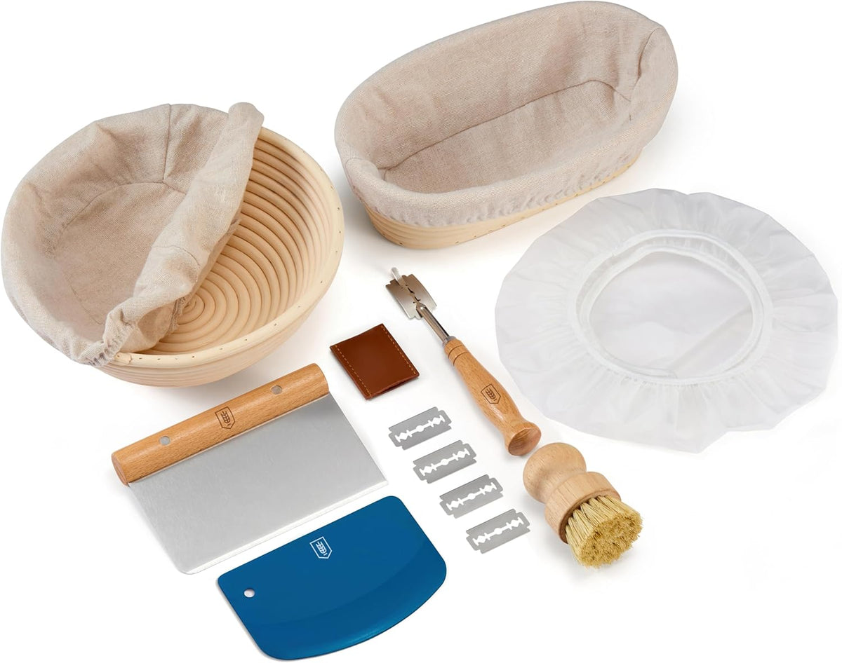Banneton Bread Proofing Set, Artisan Sourdough Bread Making Kit with Round & Oval Rattan Baskets, Liners, Dough Scrapers, Scoring Lame + Blades, Brush & Dough Cover (Set of 2)