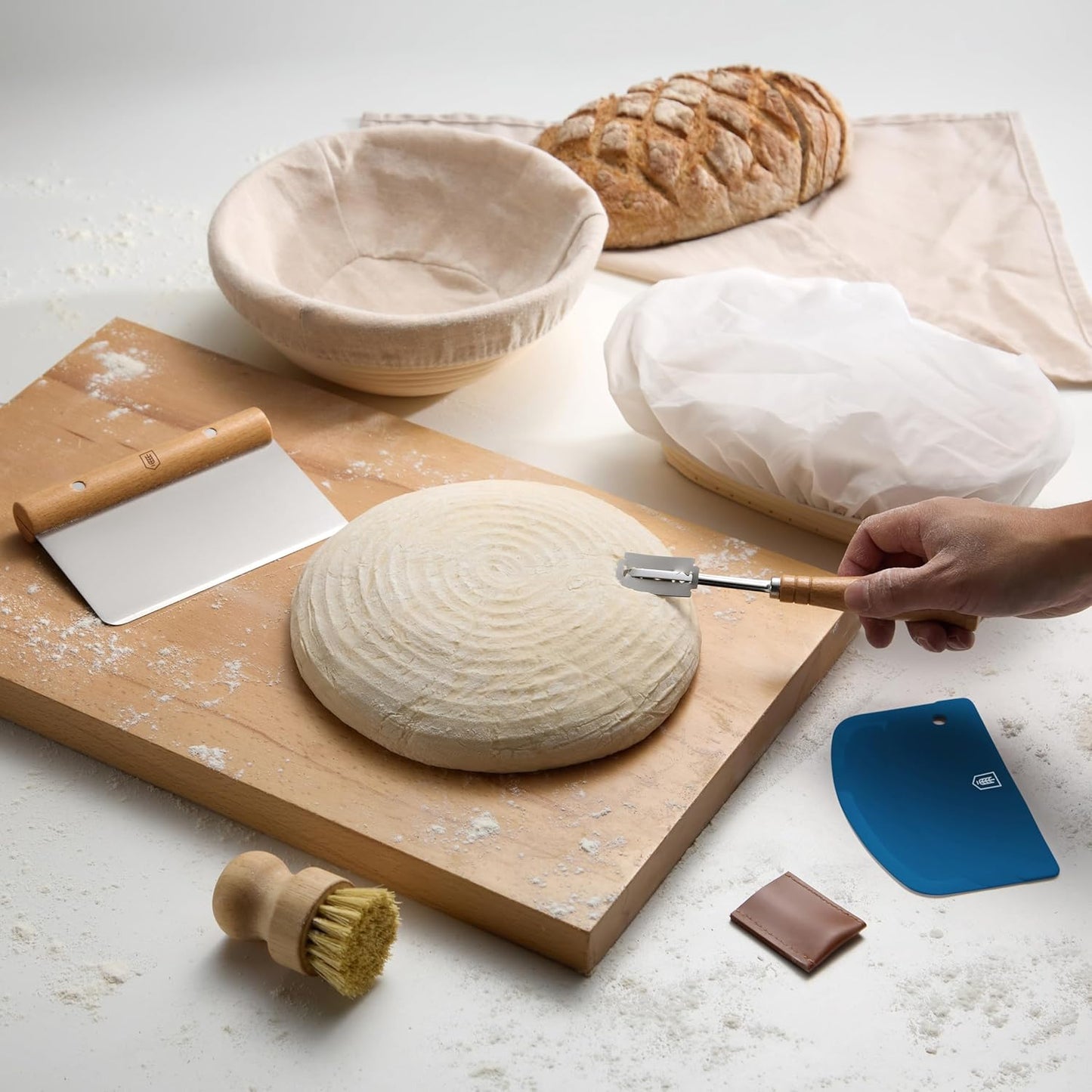 Banneton Bread Proofing Set, Artisan Sourdough Bread Making Kit with Round & Oval Rattan Baskets, Liners, Dough Scrapers, Scoring Lame + Blades, Brush & Dough Cover (Set of 2)
