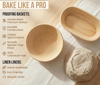 Banneton Bread Proofing Set, Artisan Sourdough Bread Making Kit with Round & Oval Rattan Baskets, Liners, Dough Scrapers, Scoring Lame + Blades, Brush & Dough Cover (Set of 2)