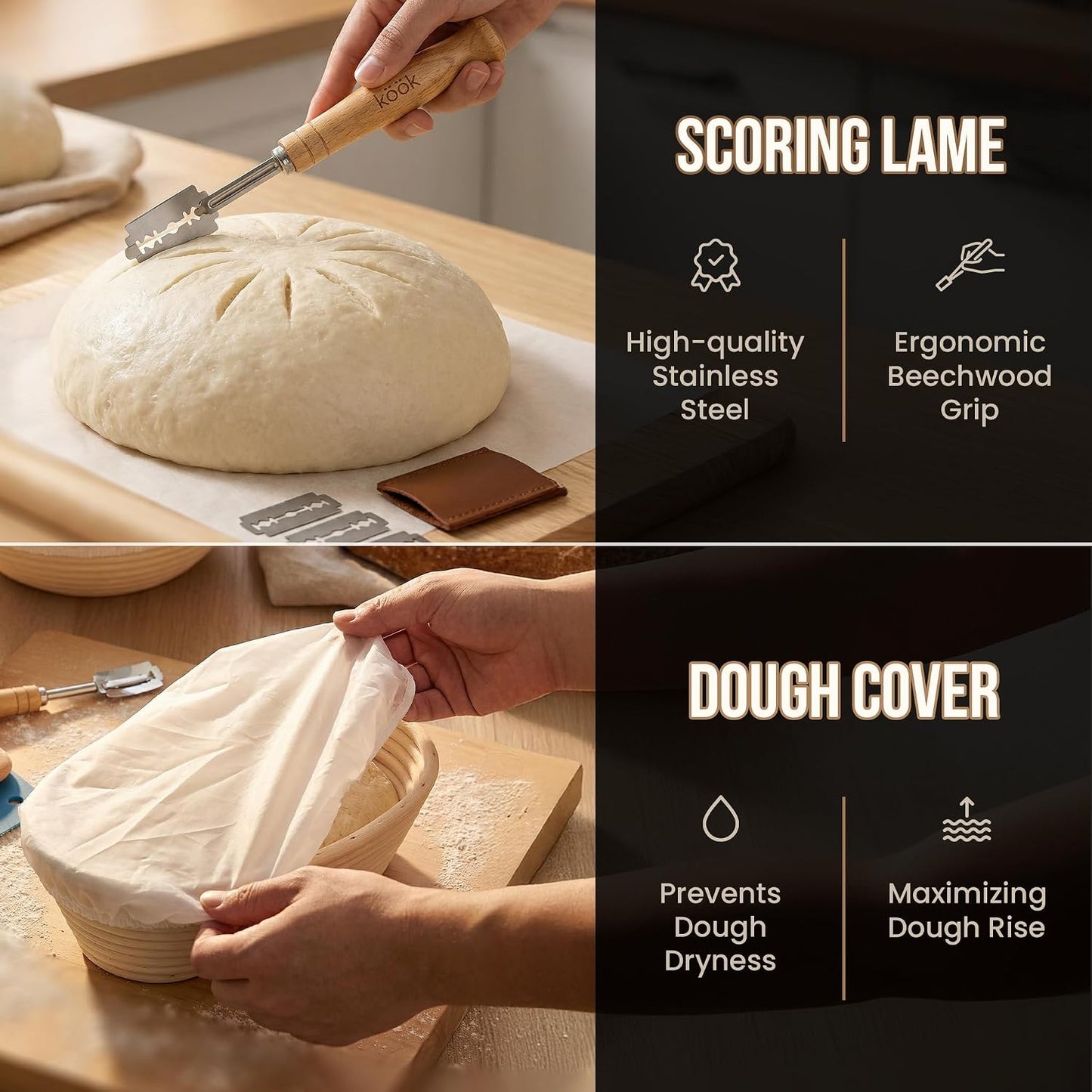 Banneton Bread Proofing Set, Artisan Sourdough Bread Making Kit with Round & Oval Rattan Baskets, Liners, Dough Scrapers, Scoring Lame + Blades, Brush & Dough Cover (Set of 2)
