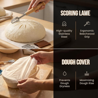 Banneton Bread Proofing Set, Artisan Sourdough Bread Making Kit with Round & Oval Rattan Baskets, Liners, Dough Scrapers, Scoring Lame + Blades, Brush & Dough Cover (Set of 2)