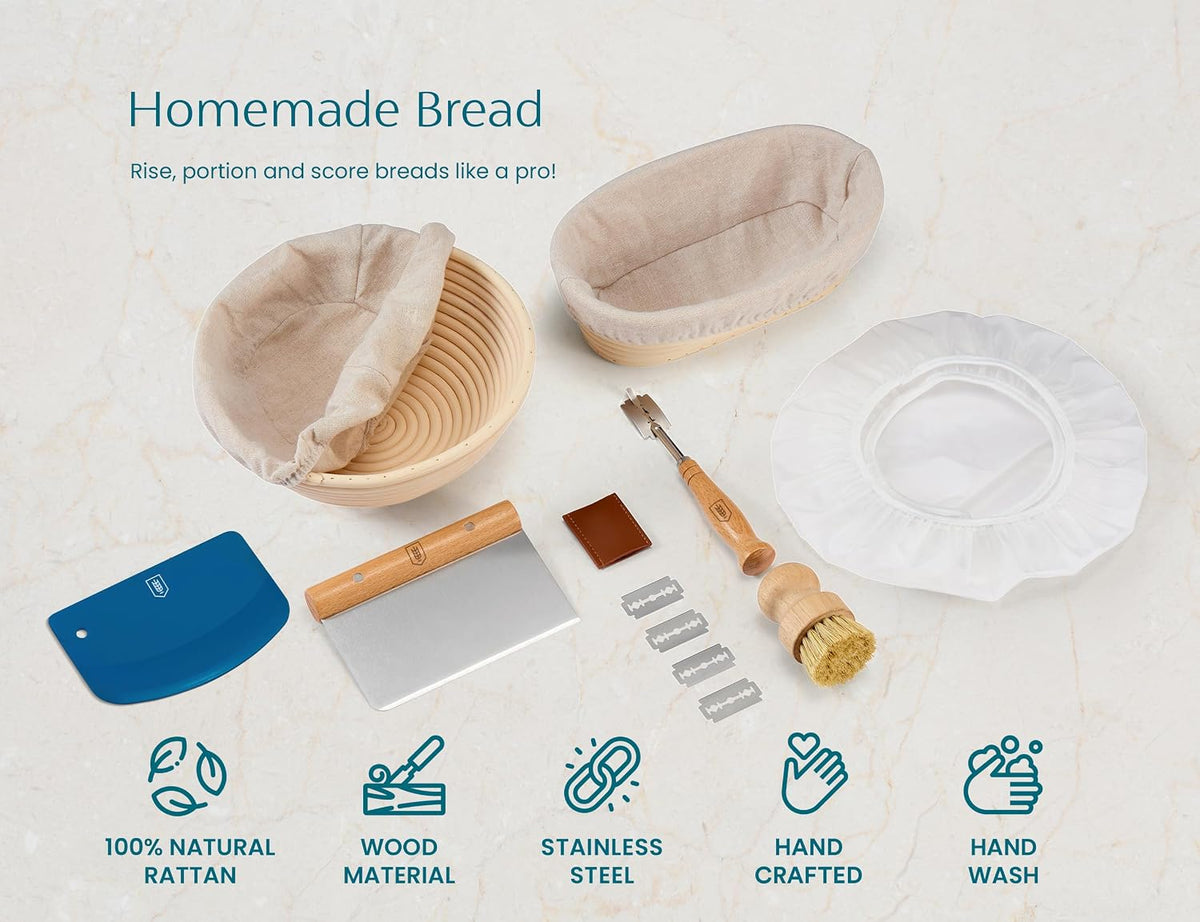 Banneton Bread Proofing Set, Artisan Sourdough Bread Making Kit with Round & Oval Rattan Baskets, Liners, Dough Scrapers, Scoring Lame + Blades, Brush & Dough Cover (Set of 2)