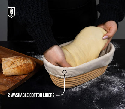 Banneton Bread Proofing Set, Artisan Sourdough Bread Making Kit with Round & Oval Rattan Baskets, Liners, Dough Scrapers, Scoring Lame + Blades, Brush & Dough Cover (Set of 2)