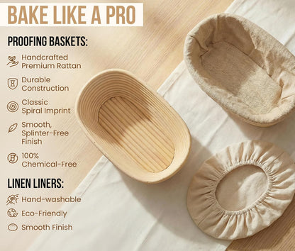 Banneton Bread Proofing Set, Artisan Sourdough Bread Making Kit with Round & Oval Rattan Baskets, Liners, Dough Scrapers, Scoring Lame + Blades, Brush & Dough Cover (Set of 2)
