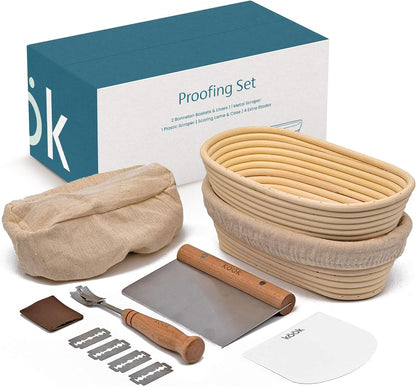 Banneton Bread Proofing Set, Artisan Sourdough Bread Making Kit with Round & Oval Rattan Baskets, Liners, Dough Scrapers, Scoring Lame + Blades, Brush & Dough Cover (Set of 2)
