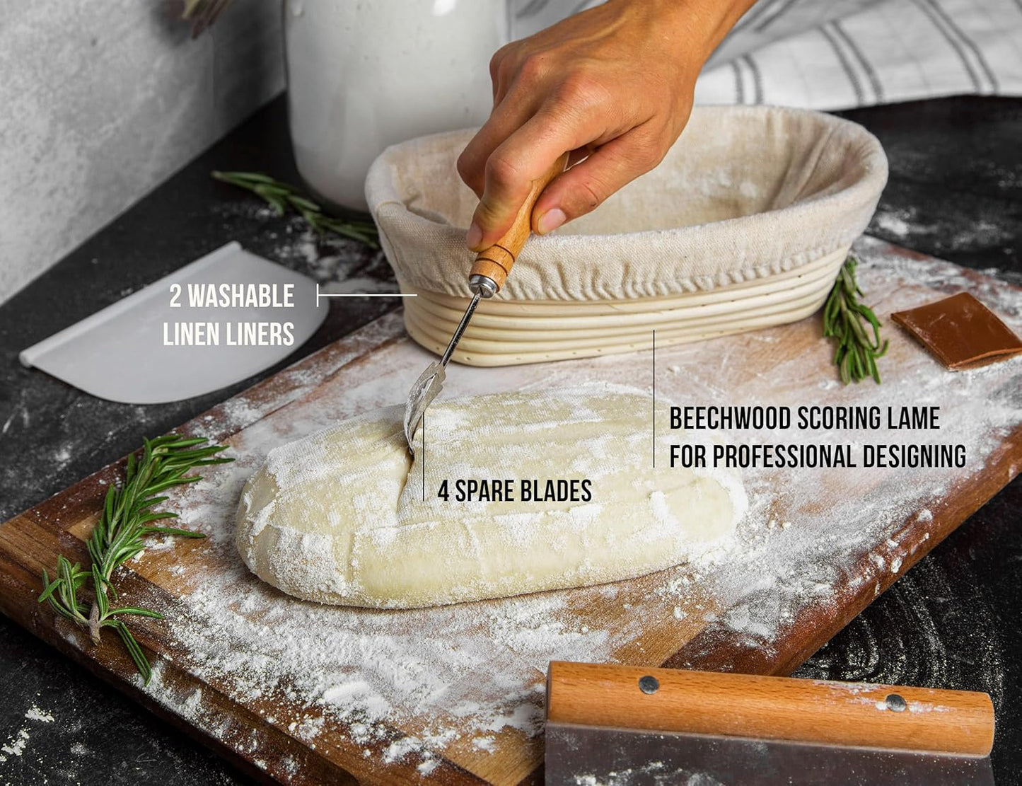 Banneton Bread Proofing Set, Artisan Sourdough Bread Making Kit with Round & Oval Rattan Baskets, Liners, Dough Scrapers, Scoring Lame + Blades, Brush & Dough Cover (Set of 2)