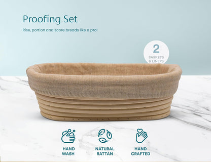 Banneton Bread Proofing Set, Artisan Sourdough Bread Making Kit with Round & Oval Rattan Baskets, Liners, Dough Scrapers, Scoring Lame + Blades, Brush & Dough Cover (Set of 2)