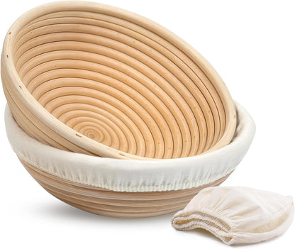 Banneton Bread Proofing Set, Artisan Sourdough Bread Making Kit with Round & Oval Rattan Baskets, Liners, Dough Scrapers, Scoring Lame + Blades, Brush & Dough Cover (Set of 2)