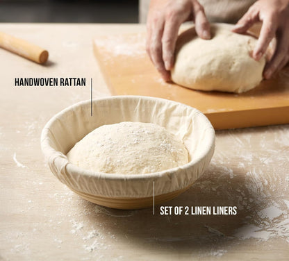 Banneton Bread Proofing Set, Artisan Sourdough Bread Making Kit with Round & Oval Rattan Baskets, Liners, Dough Scrapers, Scoring Lame + Blades, Brush & Dough Cover (Set of 2)
