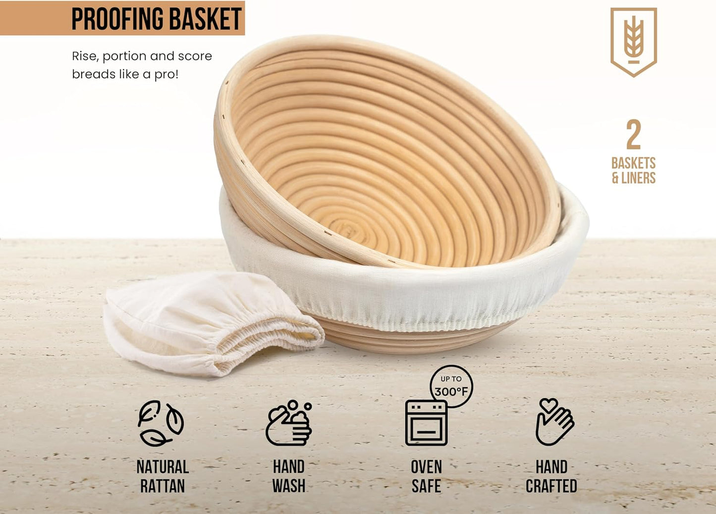 Banneton Bread Proofing Set, Artisan Sourdough Bread Making Kit with Round & Oval Rattan Baskets, Liners, Dough Scrapers, Scoring Lame + Blades, Brush & Dough Cover (Set of 2)