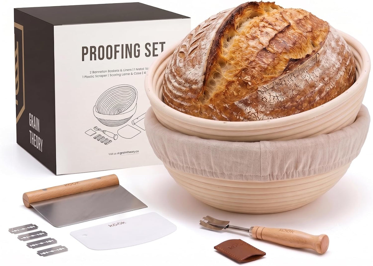 Banneton Bread Proofing Set, Artisan Sourdough Bread Making Kit with Round & Oval Rattan Baskets, Liners, Dough Scrapers, Scoring Lame + Blades, Brush & Dough Cover (Set of 2)