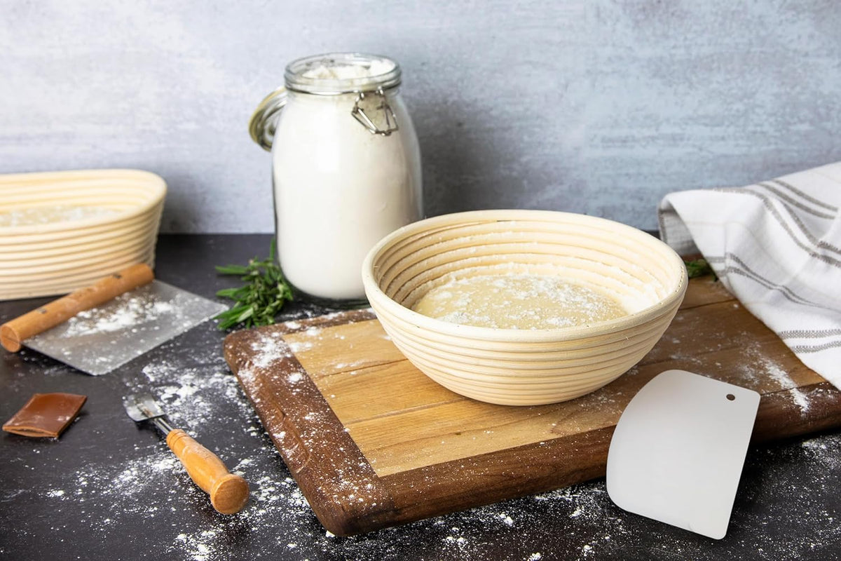 Banneton Bread Proofing Set, Artisan Sourdough Bread Making Kit with Round & Oval Rattan Baskets, Liners, Dough Scrapers, Scoring Lame + Blades, Brush & Dough Cover (Set of 2)