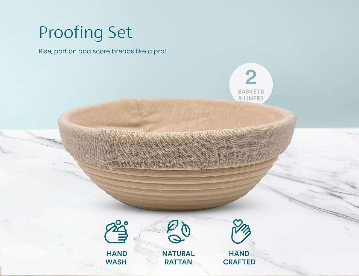 Banneton Bread Proofing Set, Artisan Sourdough Bread Making Kit with Round & Oval Rattan Baskets, Liners, Dough Scrapers, Scoring Lame + Blades, Brush & Dough Cover (Set of 2)