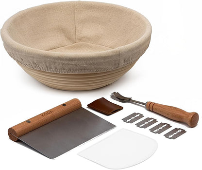 Banneton Bread Proofing Set, Artisan Sourdough Bread Making Kit with Round & Oval Rattan Baskets, Liners, Dough Scrapers, Scoring Lame + Blades, Brush & Dough Cover (Set of 2)