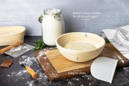 Banneton Bread Proofing Set, Artisan Sourdough Bread Making Kit with Round & Oval Rattan Baskets, Liners, Dough Scrapers, Scoring Lame + Blades, Brush & Dough Cover (Set of 2)
