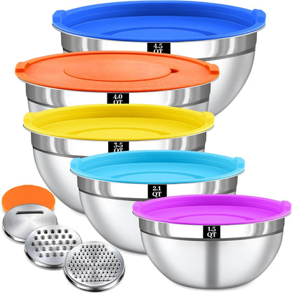 Mixing Bowls with Lids Set - 5 Nesting Mixing Bowls, 3 Grater Attachments, Lids, Stainless Steel Mixing Bowls for Mixing & Serving, Size 1.5/2.1/3.5/4/4.5 QT, Colorful
