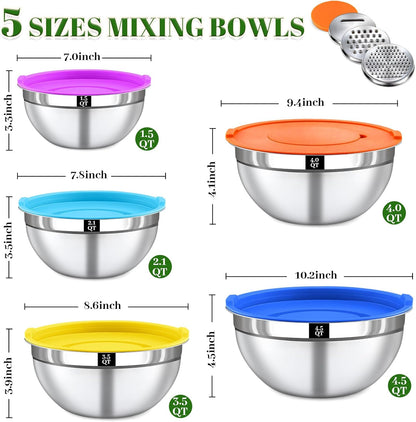 Mixing Bowls with Lids Set - 5 Nesting Mixing Bowls, 3 Grater Attachments, Lids, Stainless Steel Mixing Bowls for Mixing & Serving, Size 1.5/2.1/3.5/4/4.5 QT, Colorful