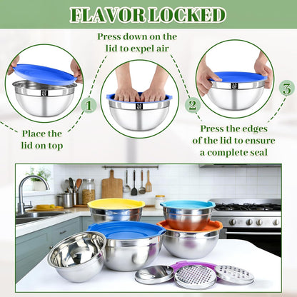 Mixing Bowls with Lids Set - 5 Nesting Mixing Bowls, 3 Grater Attachments, Lids, Stainless Steel Mixing Bowls for Mixing & Serving, Size 1.5/2.1/3.5/4/4.5 QT, Colorful