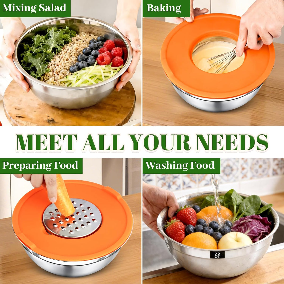 Mixing Bowls with Lids Set - 5 Nesting Mixing Bowls, 3 Grater Attachments, Lids, Stainless Steel Mixing Bowls for Mixing & Serving, Size 1.5/2.1/3.5/4/4.5 QT, Colorful