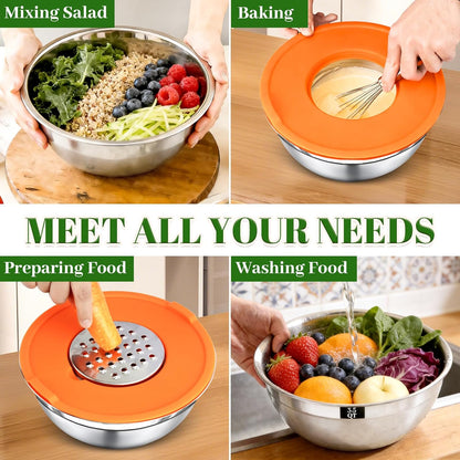 Mixing Bowls with Lids Set - 5 Nesting Mixing Bowls, 3 Grater Attachments, Lids, Stainless Steel Mixing Bowls for Mixing & Serving, Size 1.5/2.1/3.5/4/4.5 QT, Colorful
