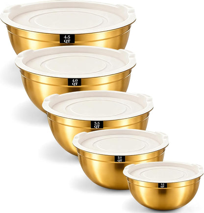 Mixing Bowls with Lids Set - 5 Nesting Mixing Bowls, 3 Grater Attachments, Lids, Stainless Steel Mixing Bowls for Mixing & Serving, Size 1.5/2.1/3.5/4/4.5 QT, Colorful