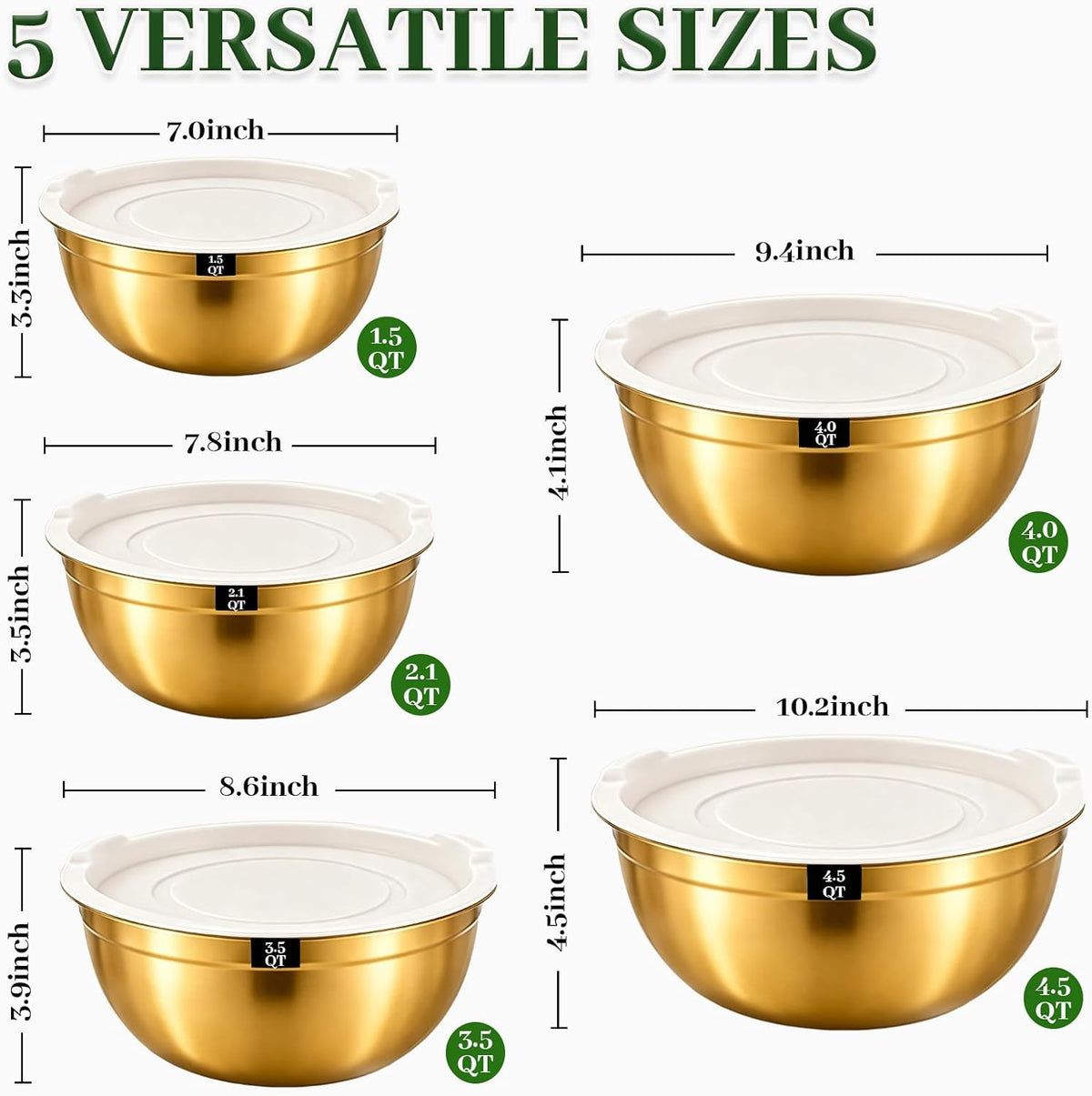 Mixing Bowls with Lids Set - 5 Nesting Mixing Bowls, 3 Grater Attachments, Lids, Stainless Steel Mixing Bowls for Mixing & Serving, Size 1.5/2.1/3.5/4/4.5 QT, Colorful