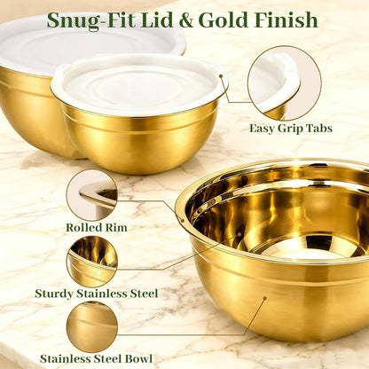 Mixing Bowls with Lids Set - 5 Nesting Mixing Bowls, 3 Grater Attachments, Lids, Stainless Steel Mixing Bowls for Mixing & Serving, Size 1.5/2.1/3.5/4/4.5 QT, Colorful