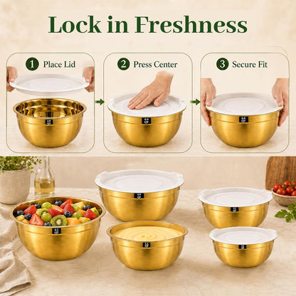 Mixing Bowls with Lids Set - 5 Nesting Mixing Bowls, 3 Grater Attachments, Lids, Stainless Steel Mixing Bowls for Mixing & Serving, Size 1.5/2.1/3.5/4/4.5 QT, Colorful