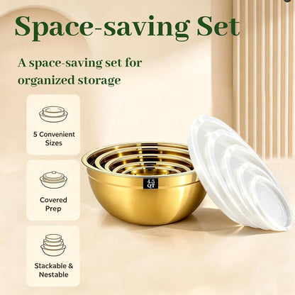 Mixing Bowls with Lids Set - 5 Nesting Mixing Bowls, 3 Grater Attachments, Lids, Stainless Steel Mixing Bowls for Mixing & Serving, Size 1.5/2.1/3.5/4/4.5 QT, Colorful