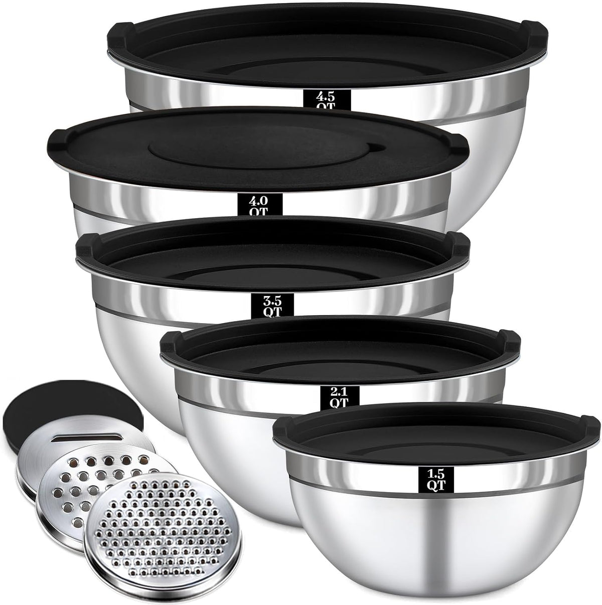 Mixing Bowls with Lids Set - 5 Nesting Mixing Bowls, 3 Grater Attachments, Lids, Stainless Steel Mixing Bowls for Mixing & Serving, Size 1.5/2.1/3.5/4/4.5 QT, Colorful