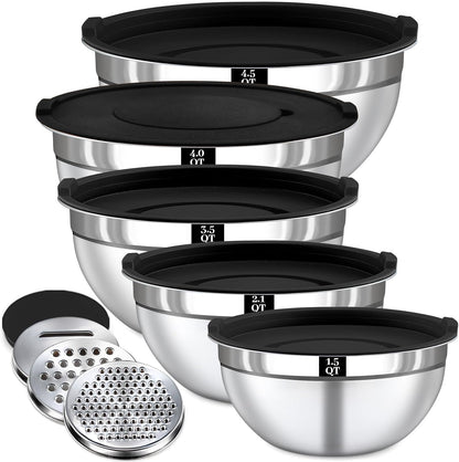 Mixing Bowls with Lids Set - 5 Nesting Mixing Bowls, 3 Grater Attachments, Lids, Stainless Steel Mixing Bowls for Mixing & Serving, Size 1.5/2.1/3.5/4/4.5 QT, Colorful