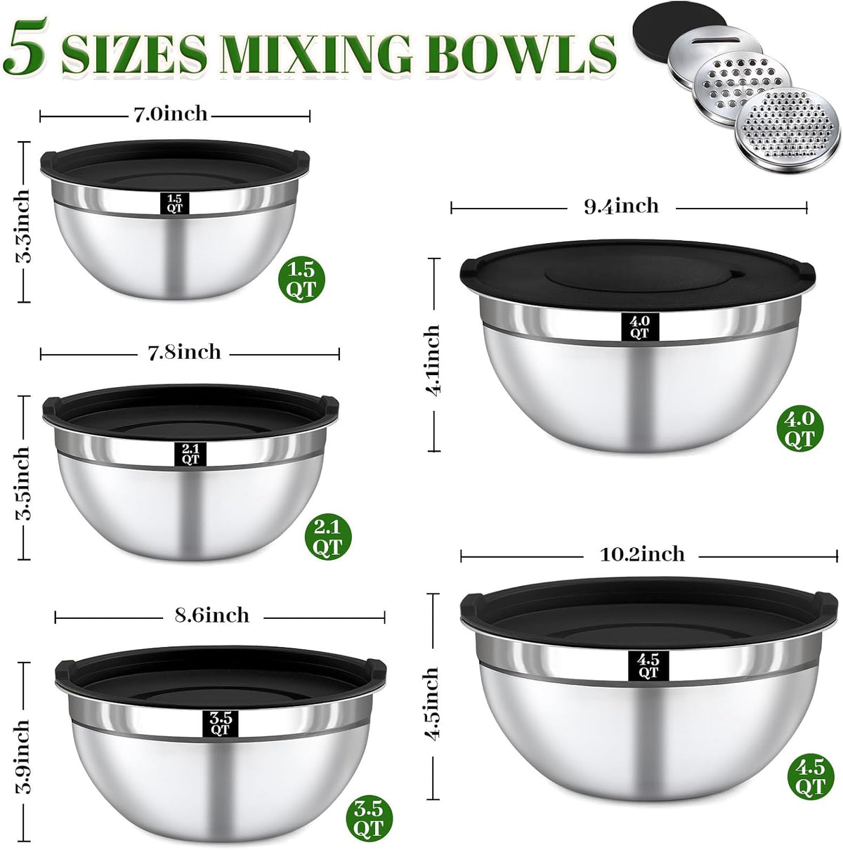Mixing Bowls with Lids Set - 5 Nesting Mixing Bowls, 3 Grater Attachments, Lids, Stainless Steel Mixing Bowls for Mixing & Serving, Size 1.5/2.1/3.5/4/4.5 QT, Colorful