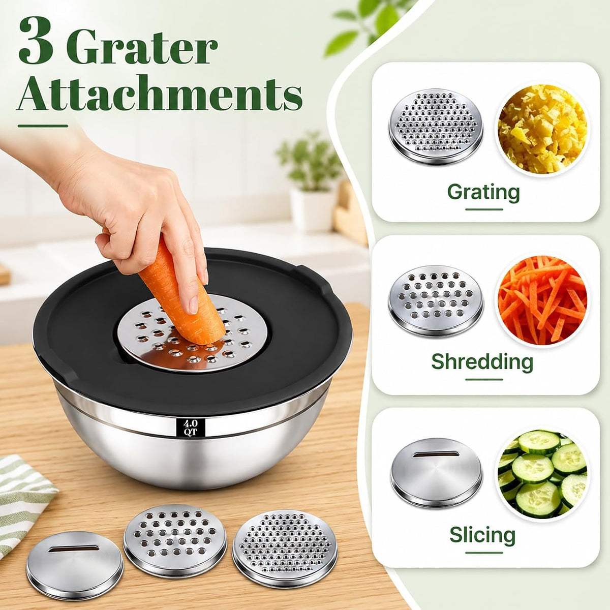 Mixing Bowls with Lids Set - 5 Nesting Mixing Bowls, 3 Grater Attachments, Lids, Stainless Steel Mixing Bowls for Mixing & Serving, Size 1.5/2.1/3.5/4/4.5 QT, Colorful