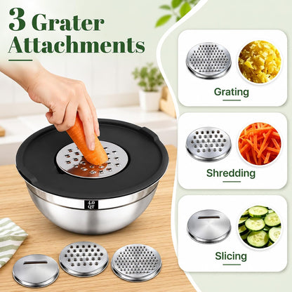 Mixing Bowls with Lids Set - 5 Nesting Mixing Bowls, 3 Grater Attachments, Lids, Stainless Steel Mixing Bowls for Mixing & Serving, Size 1.5/2.1/3.5/4/4.5 QT, Colorful
