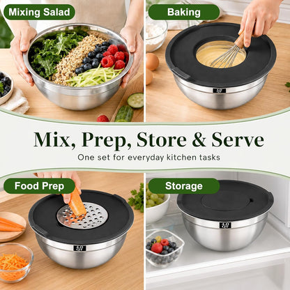 Mixing Bowls with Lids Set - 5 Nesting Mixing Bowls, 3 Grater Attachments, Lids, Stainless Steel Mixing Bowls for Mixing & Serving, Size 1.5/2.1/3.5/4/4.5 QT, Colorful